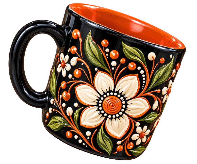 Clay Mug with Flower Art - Brown